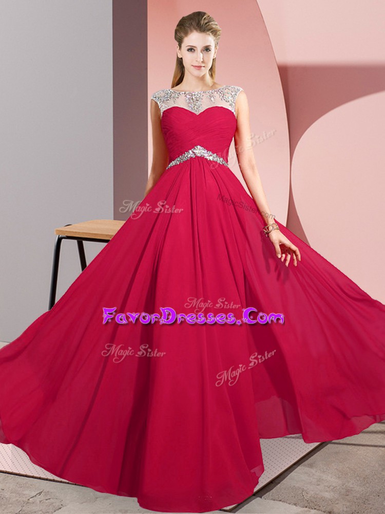 Elegant Red Sleeveless Floor Length Beading Clasp Handle Dress for Prom