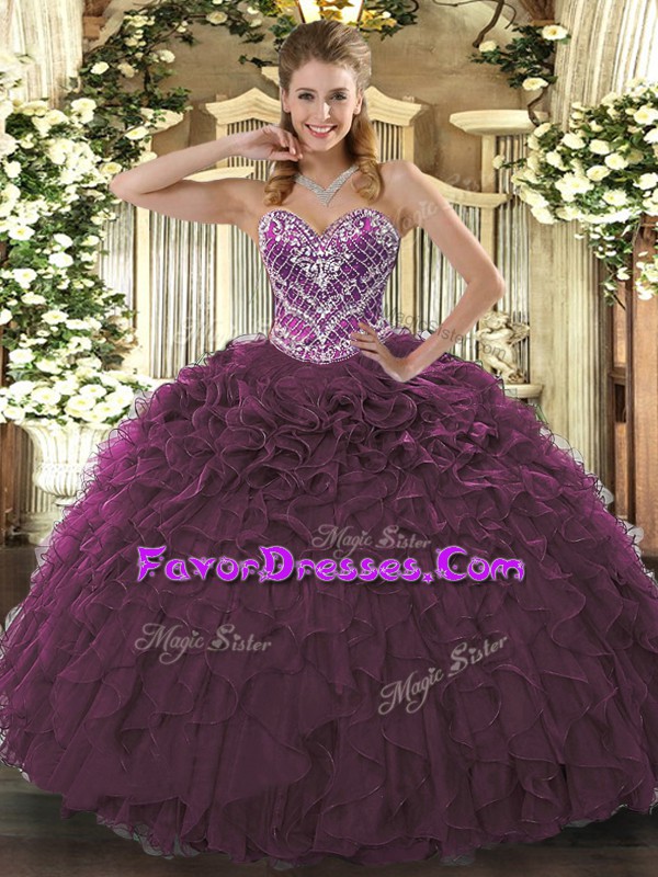  Sleeveless Tulle Floor Length Lace Up Quinceanera Gown in Burgundy with Beading and Ruffled Layers