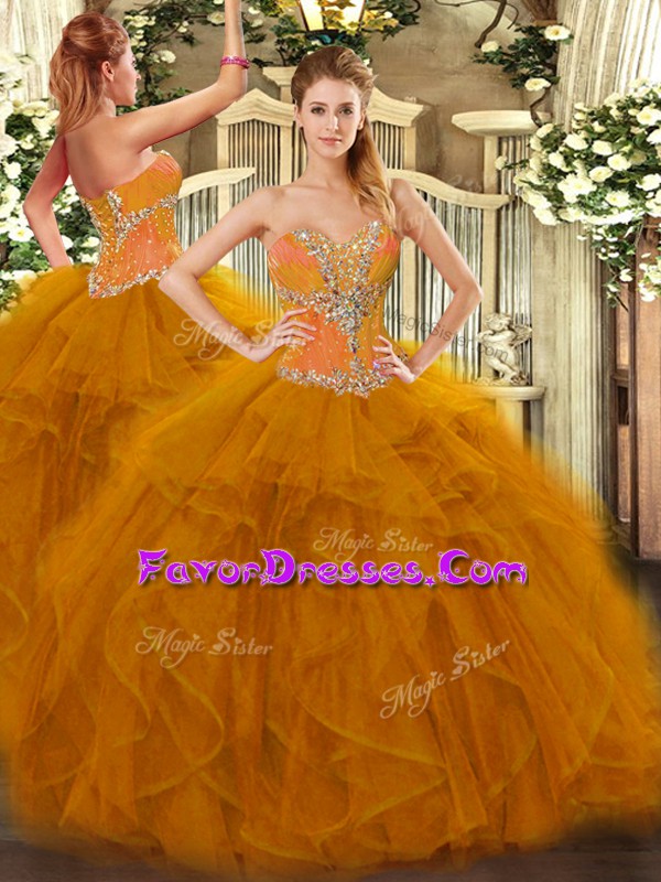 Enchanting Sleeveless Floor Length Beading and Ruffles Lace Up Sweet 16 Quinceanera Dress with Brown