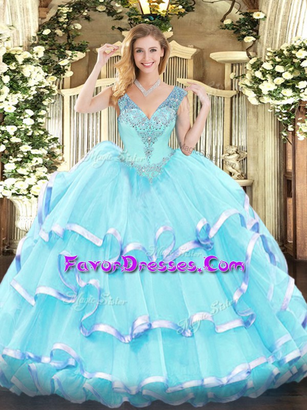  Aqua Blue Ball Gowns Organza V-neck Sleeveless Ruffled Layers Floor Length Lace Up 15th Birthday Dress