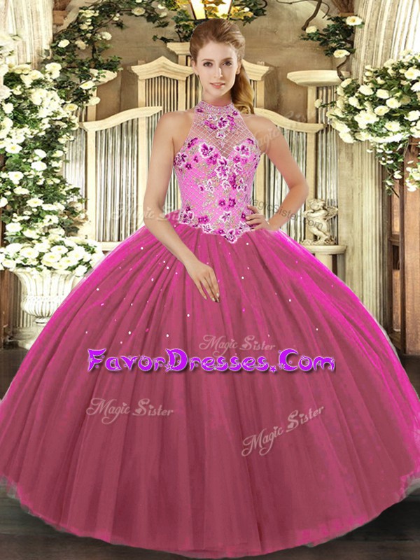 Unique Fuchsia 15 Quinceanera Dress Military Ball and Sweet 16 and Quinceanera with Embroidery Halter Top Sleeveless Lace Up