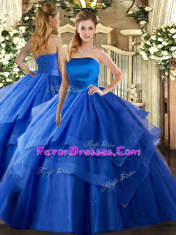 Cheap Royal Blue Tulle Lace Up Strapless Sleeveless Floor Length Vestidos de Quinceanera Ruffled Layers