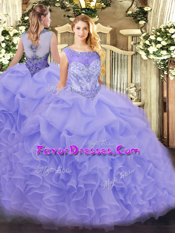  Lavender Ball Gowns Scoop Sleeveless Organza Zipper Beading and Ruffles 15 Quinceanera Dress
