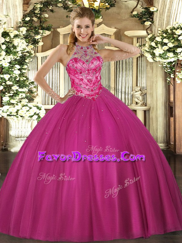 Nice Hot Pink Lace Up Halter Top Beading Quinceanera Dresses Satin Sleeveless