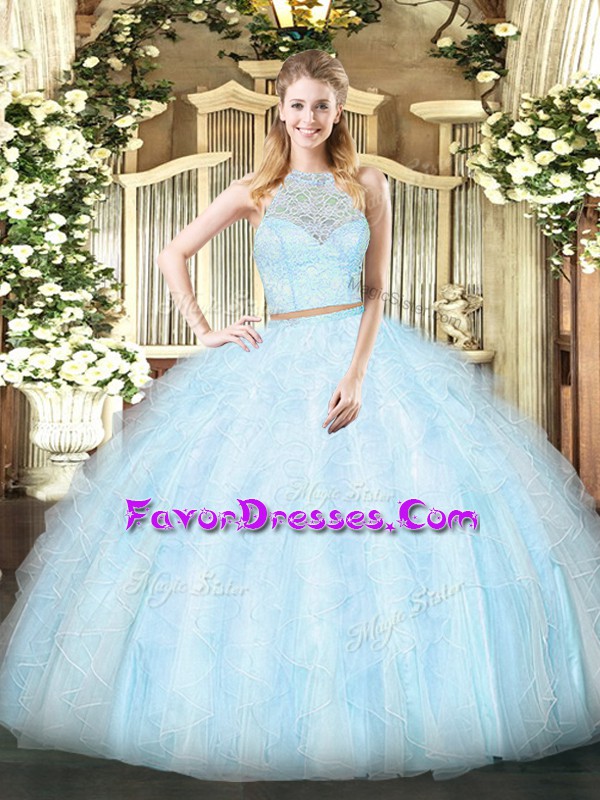  Scoop Sleeveless 15th Birthday Dress Floor Length Lace and Ruffles Light Blue Tulle