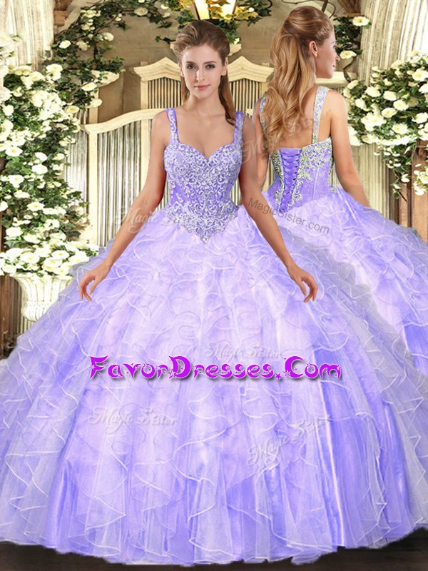 Stunning Sleeveless Floor Length Beading and Ruffles Lace Up Quince Ball Gowns with Lavender