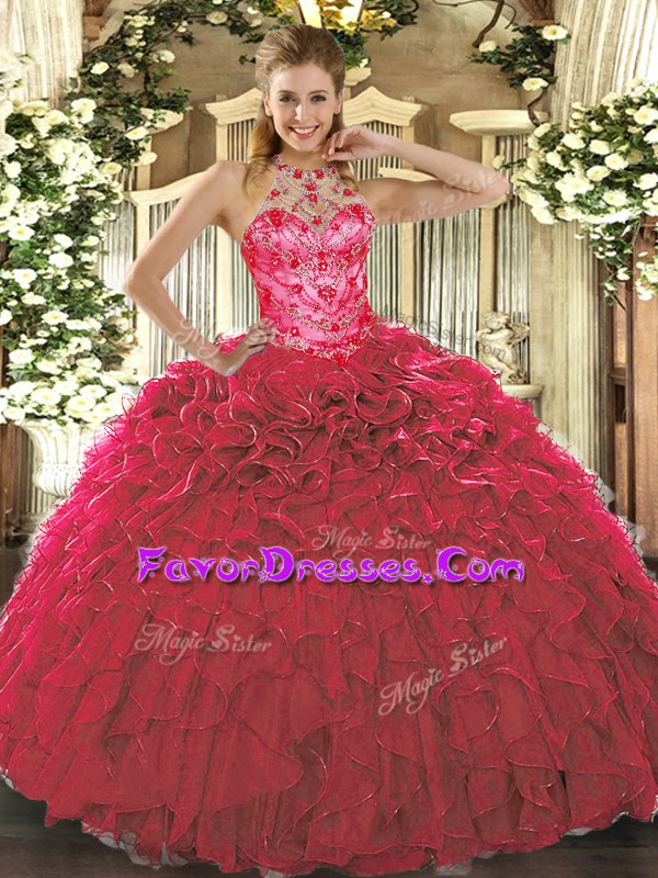Affordable Red Sleeveless Beading and Ruffles Floor Length 15 Quinceanera Dress