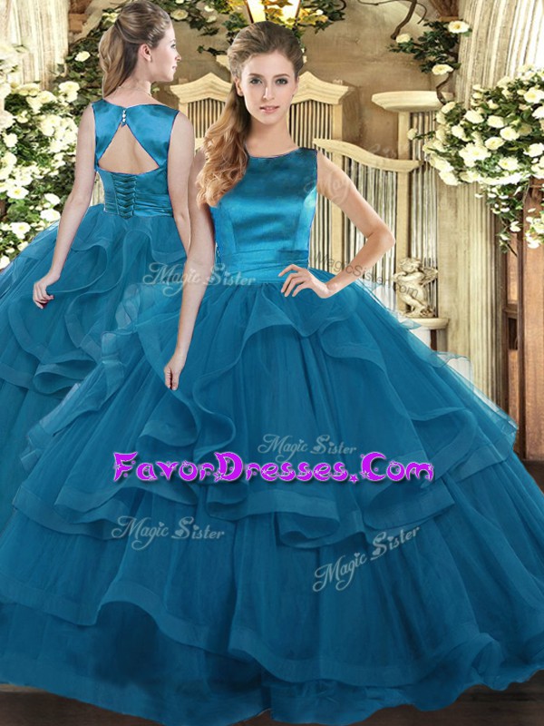 Excellent Sleeveless Tulle Floor Length Lace Up Vestidos de Quinceanera in Teal with Ruffles