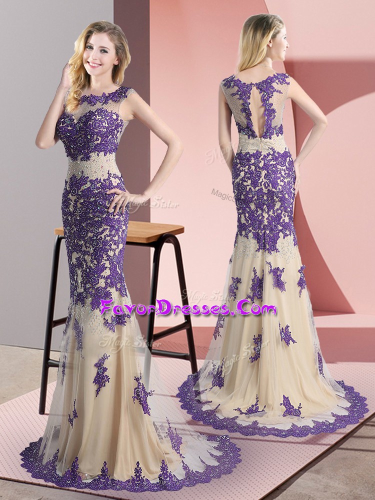 Flare Champagne Mermaid Beading and Appliques Side Zipper Tulle Sleeveless