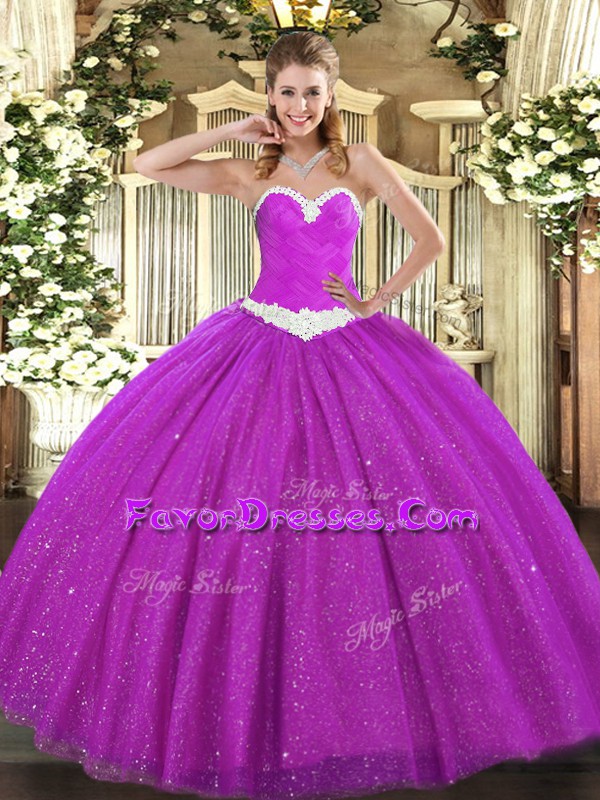 Fancy Sweetheart Sleeveless Lace Up 15 Quinceanera Dress Fuchsia Tulle