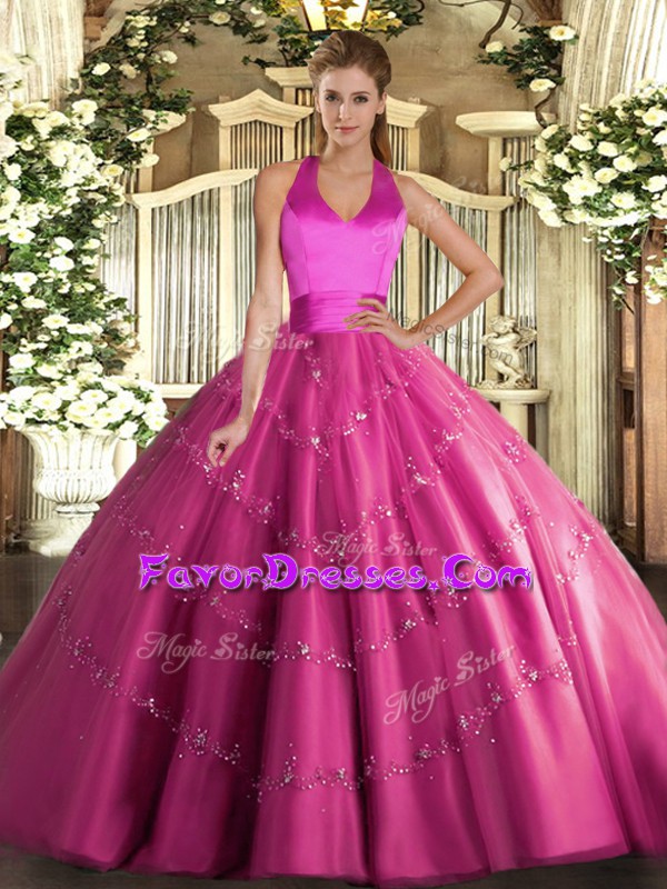  Sleeveless Tulle Floor Length Lace Up Sweet 16 Dresses in Hot Pink with Appliques