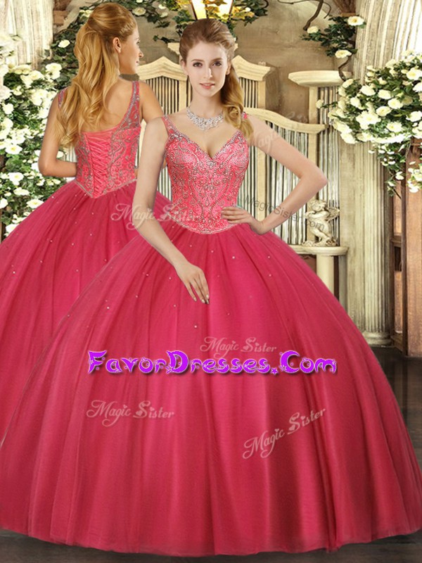  Red Ball Gowns Beading Quinceanera Dress Lace Up Tulle Sleeveless Floor Length