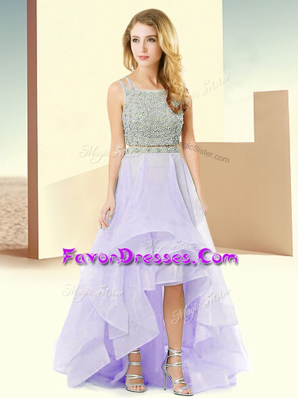  Lavender Lace Up Straps Beading and Ruffles Prom Dress Organza Sleeveless