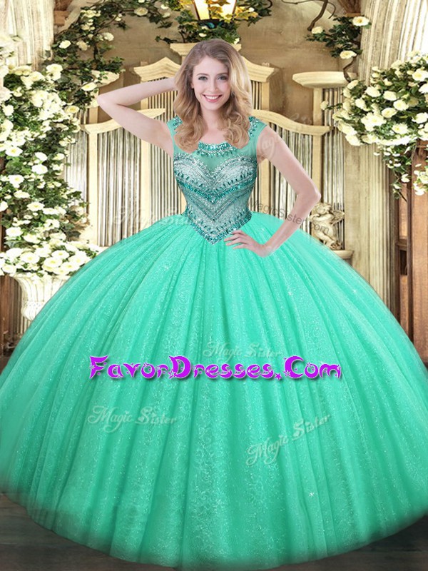  Scoop Sleeveless Quinceanera Dresses Floor Length Beading Turquoise Tulle and Sequined