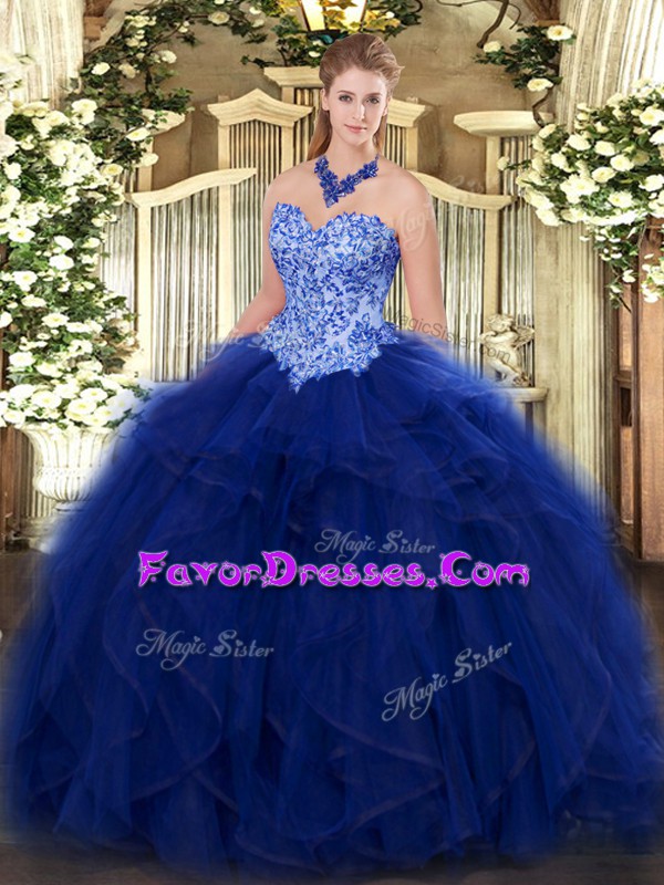 Sweet Blue Ball Gowns Organza Sweetheart Sleeveless Appliques and Ruffles Floor Length Lace Up 15 Quinceanera Dress