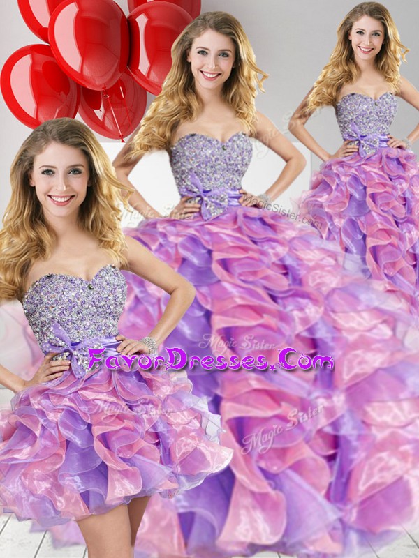  Floor Length Multi-color 15th Birthday Dress Organza Sleeveless Beading and Ruffles and Bowknot