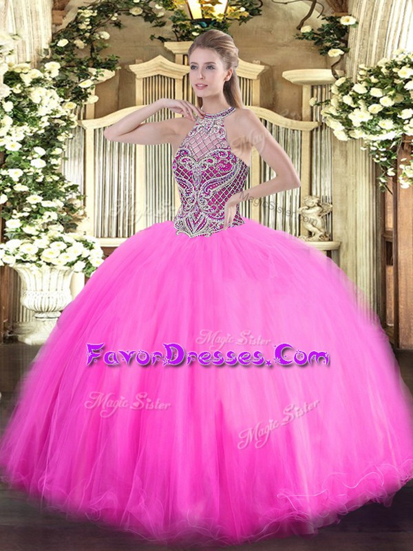 Top Selling Rose Pink Quinceanera Dress Military Ball and Sweet 16 and Quinceanera with Beading Halter Top Sleeveless Lace Up