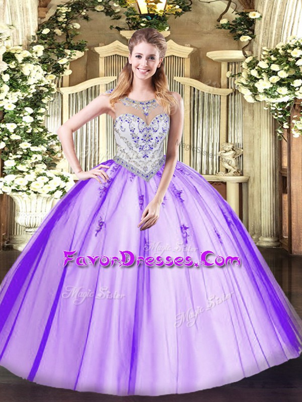  Tulle Sleeveless Floor Length 15th Birthday Dress and Beading and Appliques