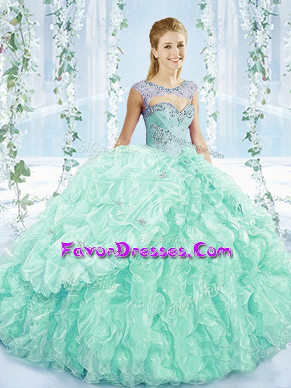 Customized Organza Sweetheart Sleeveless Brush Train Lace Up Beading and Ruffles Quinceanera Gown in Apple Green