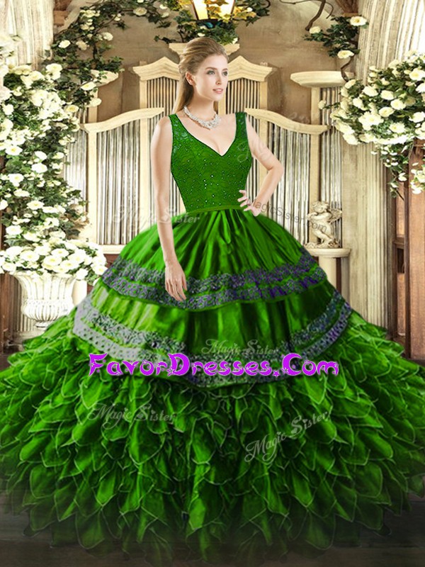  Green Zipper Sweet 16 Dress Beading and Appliques and Ruffles Sleeveless Floor Length