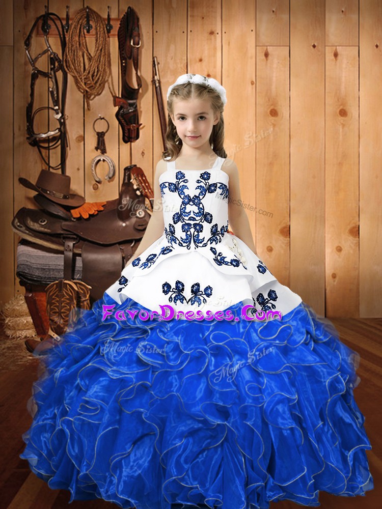  Blue Lace Up Little Girl Pageant Gowns Embroidery and Ruffles Sleeveless Floor Length