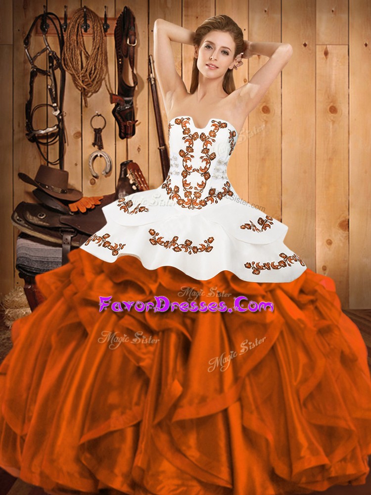 Orange Red Sleeveless Satin and Organza Lace Up Quinceanera Dresses for Military Ball and Sweet 16 and Quinceanera