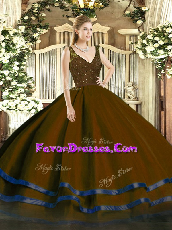  Organza V-neck Sleeveless Backless Beading and Lace and Ruffled Layers Quinceanera Gowns in Brown