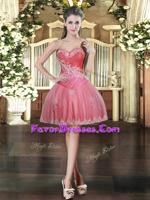 Dramatic Coral Red Ball Gowns Beading and Appliques Prom Party Dress Lace Up Tulle Sleeveless Mini Length