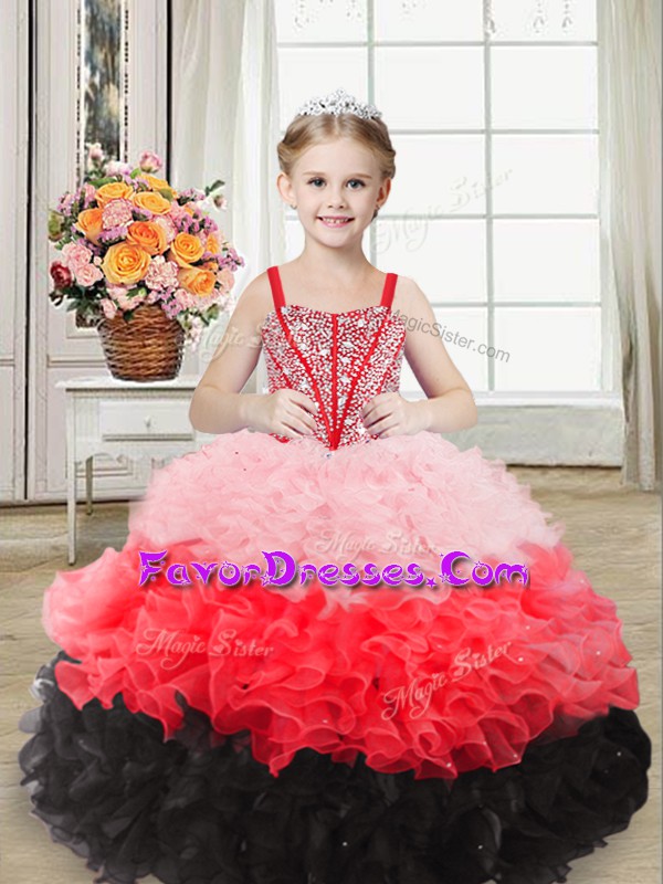  Ball Gowns High School Pageant Dress Multi-color Straps Organza Sleeveless Floor Length Lace Up