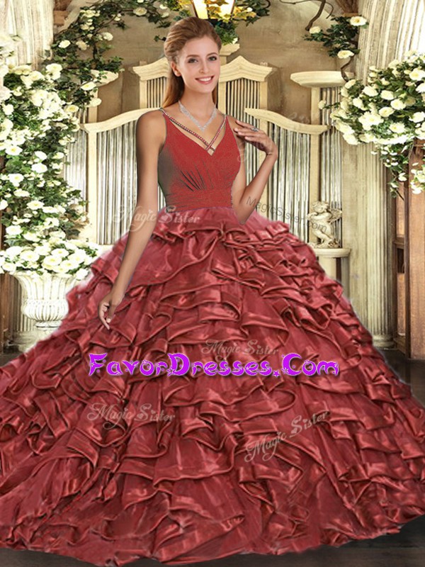 Most Popular Taffeta V-neck Sleeveless Backless Beading and Ruffles 15 Quinceanera Dress in Red