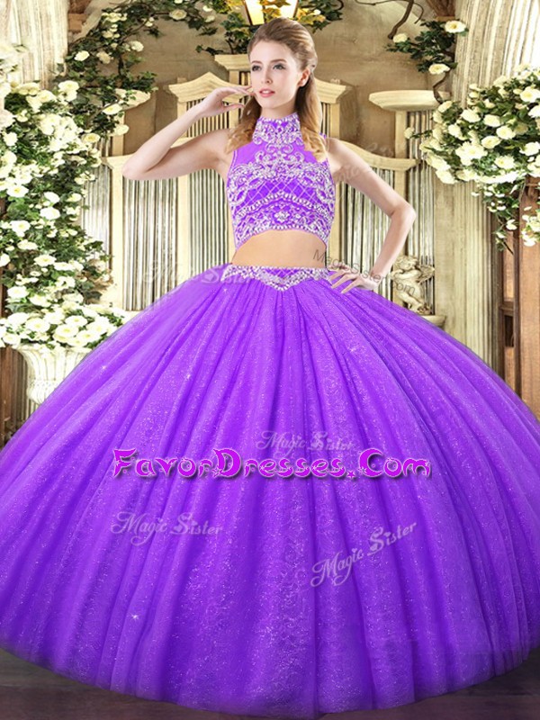  Sleeveless Floor Length Beading Backless Ball Gown Prom Dress with Lavender