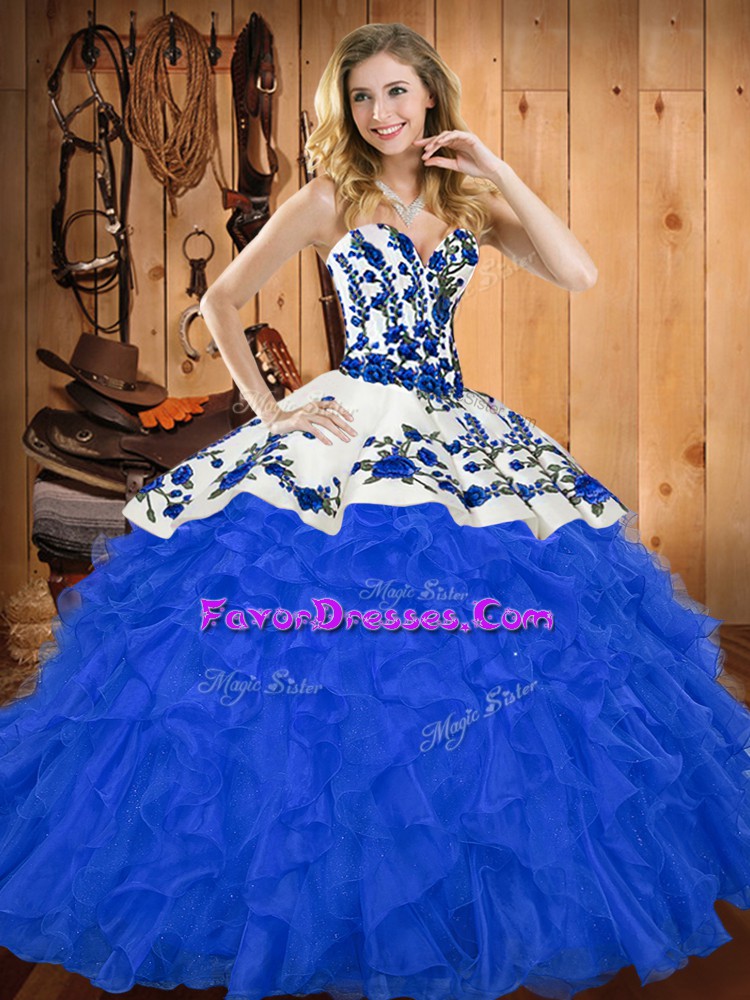 Exceptional Blue Satin and Organza Lace Up Sweetheart Sleeveless Floor Length Ball Gown Prom Dress Embroidery and Ruffles