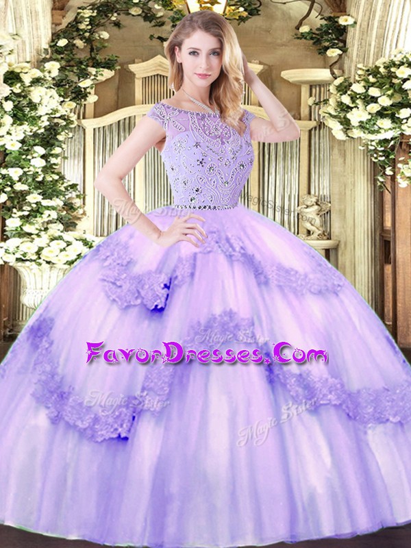  Lavender Ball Gowns Bateau Sleeveless Tulle Floor Length Zipper Beading and Appliques Quinceanera Dress