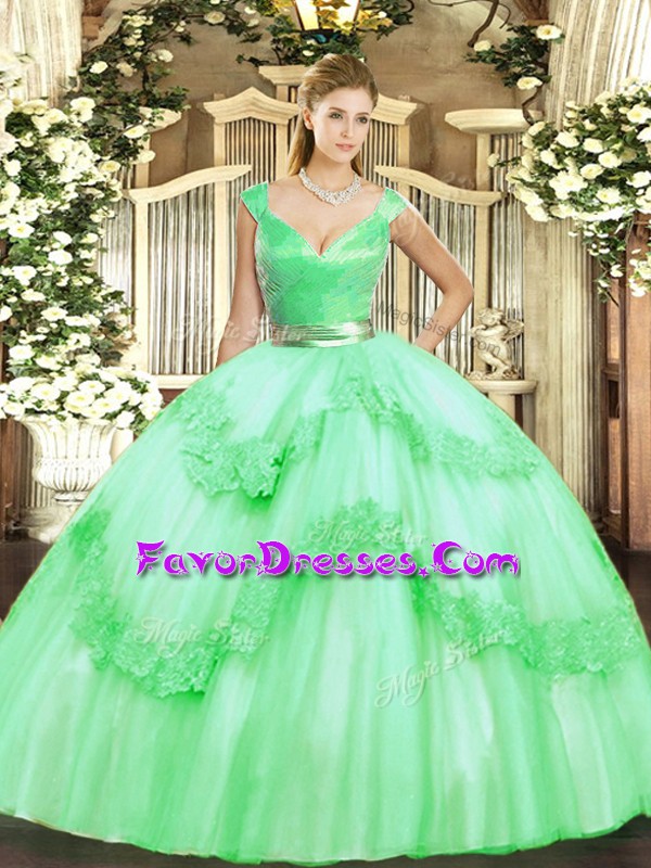 Glittering Floor Length Zipper Sweet 16 Dresses Apple Green for Military Ball and Sweet 16 and Quinceanera with Beading and Appliques