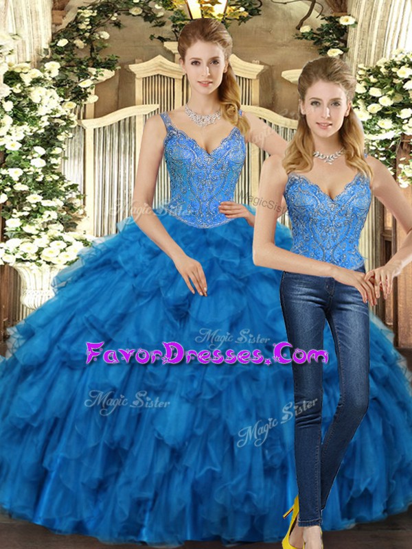 Custom Fit Straps Sleeveless Lace Up Quince Ball Gowns Teal Organza