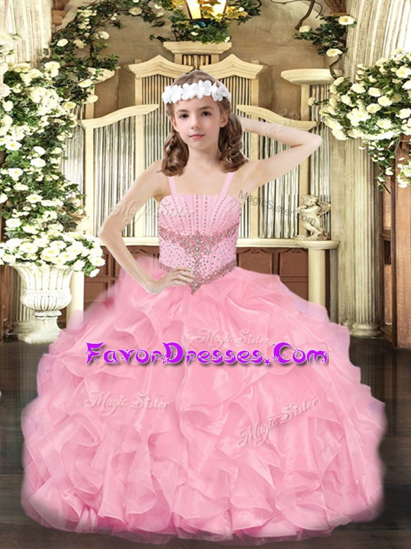  Rose Pink Sleeveless Floor Length Beading and Ruffles Zipper Pageant Gowns For Girls