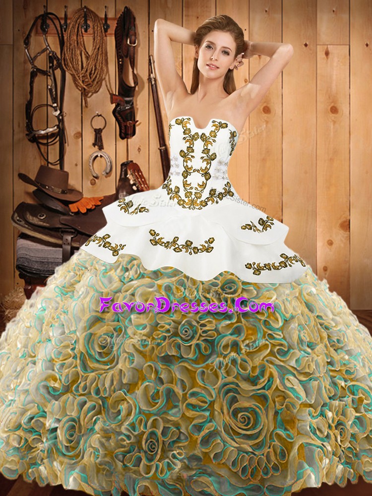 Custom Designed Multi-color Ball Gowns Embroidery Sweet 16 Quinceanera Dress Lace Up Satin and Fabric With Rolling Flowers Sleeveless With Train