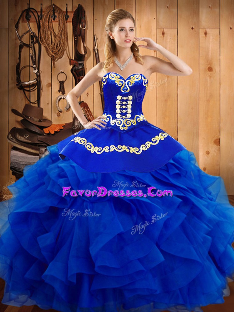 Fashionable Royal Blue Ball Gowns Satin and Organza Sweetheart Sleeveless Embroidery and Ruffles Floor Length Lace Up Sweet 16 Dress