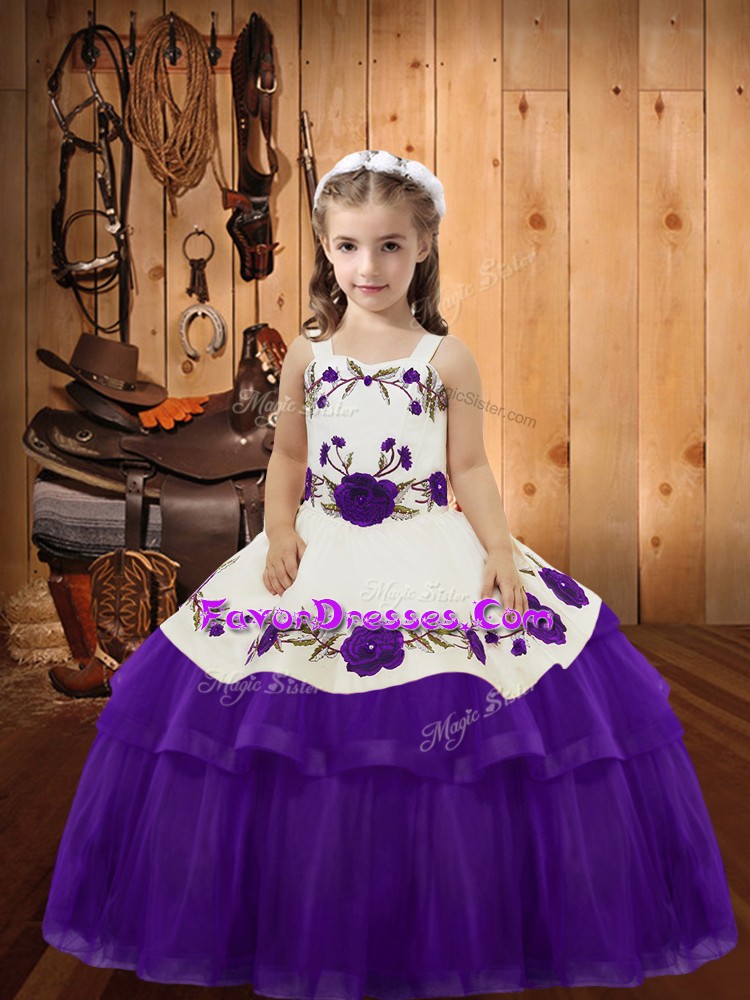  Floor Length Lace Up High School Pageant Dress Eggplant Purple for Sweet 16 and Quinceanera with Embroidery and Ruffled Layers
