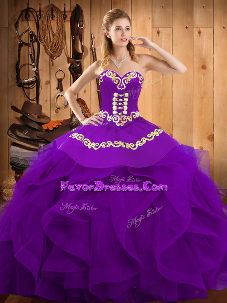 Popular Purple Lace Up Sweetheart Embroidery and Ruffles 15 Quinceanera Dress Organza Sleeveless