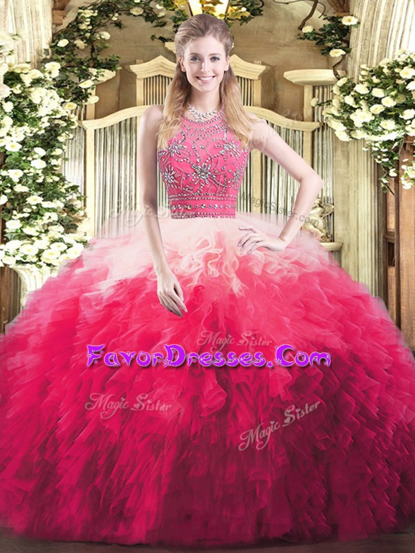  Sleeveless Floor Length Beading and Ruffles Zipper Ball Gown Prom Dress with Multi-color