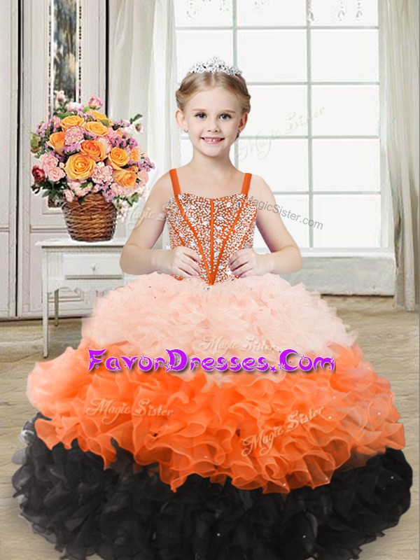 Fancy Multi-color Ball Gowns Organza Straps Sleeveless Beading and Ruffles Floor Length Lace Up Pageant Dress for Girls
