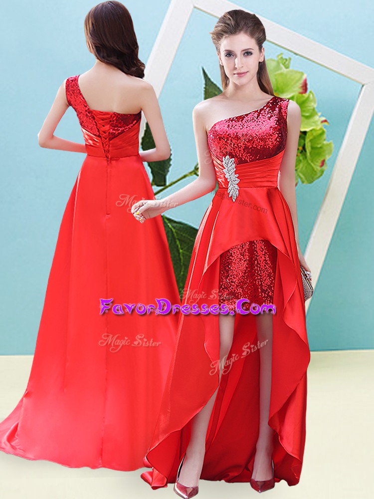 Deluxe Red A-line Elastic Woven Satin and Sequined One Shoulder Sleeveless Beading and Sequins High Low Lace Up Dress for Prom