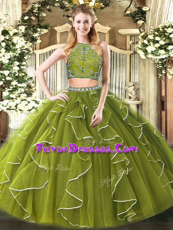  Sleeveless Floor Length Beading and Ruffles Zipper Sweet 16 Quinceanera Dress with Olive Green