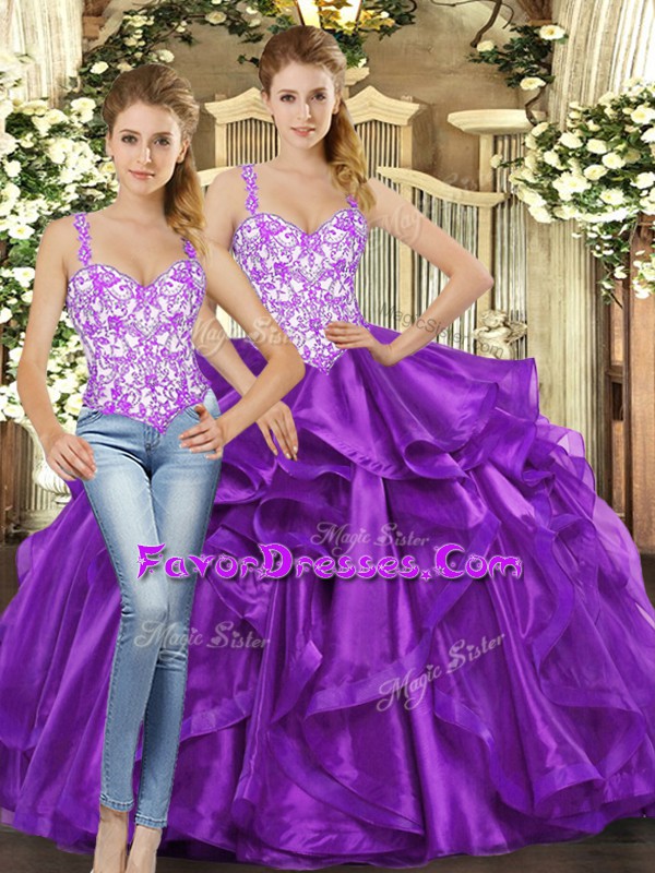 Sweet Eggplant Purple Tulle Lace Up Straps Sleeveless Floor Length Sweet 16 Quinceanera Dress Beading and Ruffles