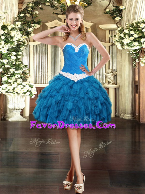  Blue Sleeveless Appliques and Ruffles Mini Length Prom Dress