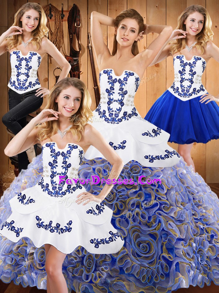 Exquisite Multi-color Ball Gowns Embroidery Quinceanera Gown Lace Up Satin and Fabric With Rolling Flowers Sleeveless With Train