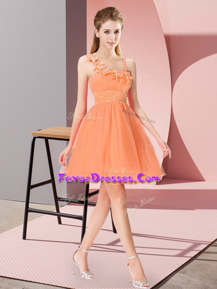 Colorful Orange Red Asymmetric Neckline Beading and Hand Made Flower Dress for Prom Sleeveless Zipper