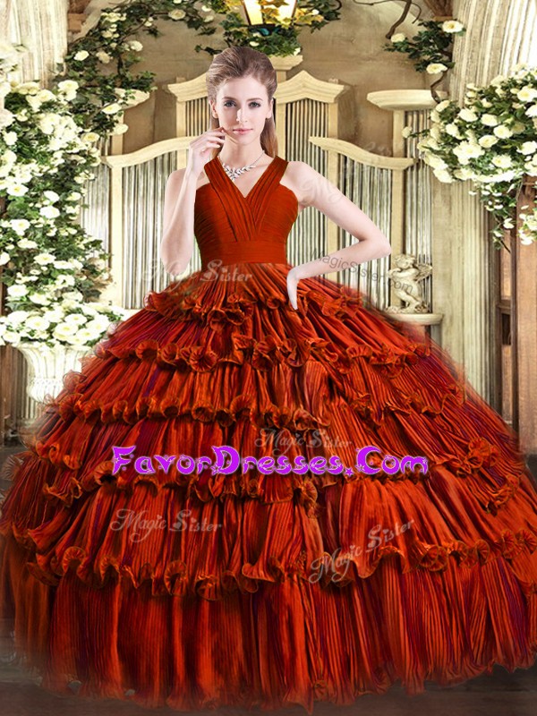  Organza V-neck Sleeveless Zipper Ruffled Layers Sweet 16 Dresses in Rust Red