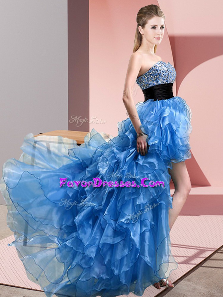 Captivating Baby Blue A-line Sweetheart Sleeveless Organza High Low Lace Up Beading and Ruffles Juniors Evening Dress